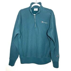 Champion Unisex Reverse‎ Weave Sweatshirt Jacket Teal 1/4 Zip Medium Cotton